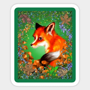 Red Fox with Green Background and Flowers Sticker